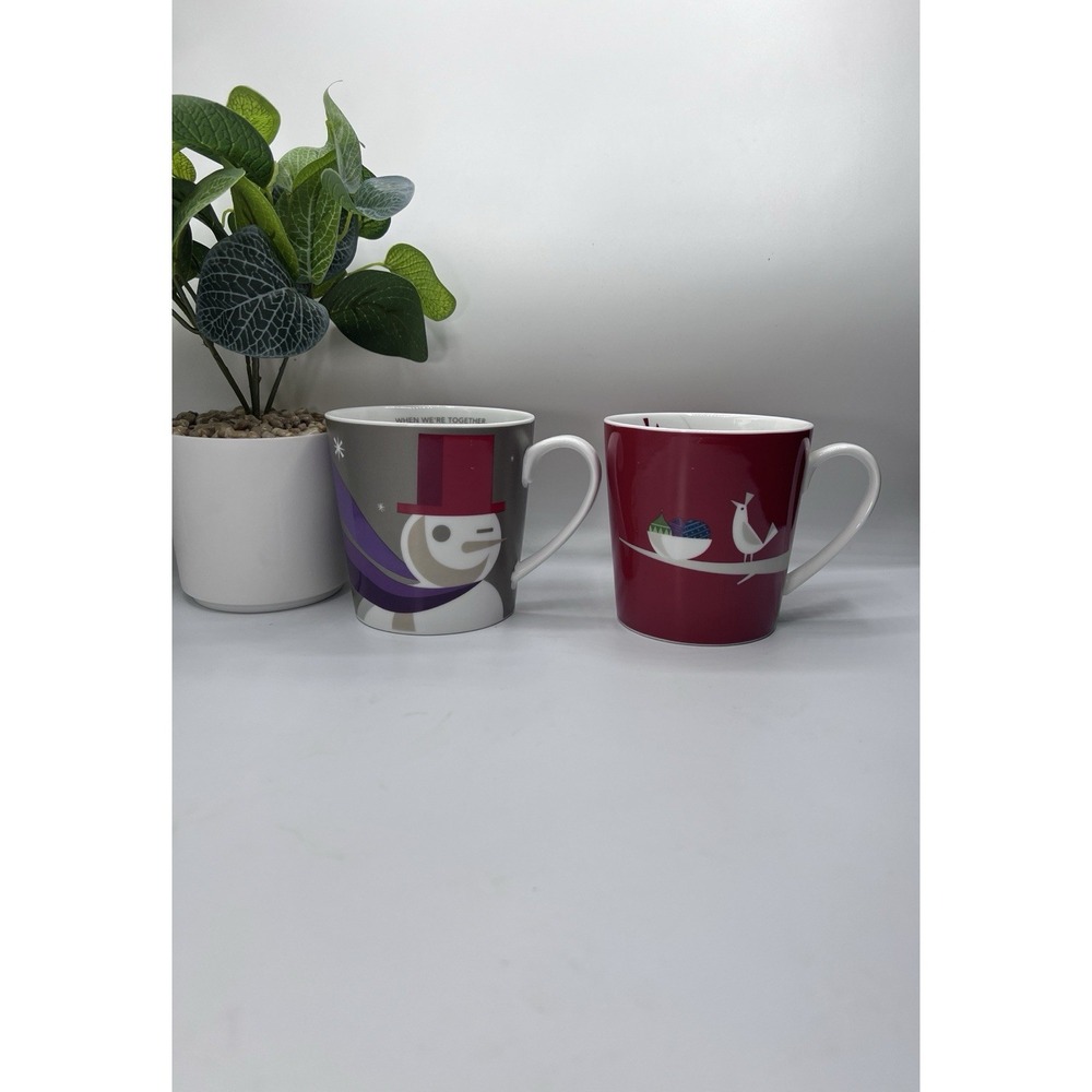 Starbucks Mugs Holiday 2011 Snowman Bird Christmas‎ Ornaments Red Gray Set of 2